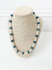 NWT Genuine Fluted Blue Agate & Pearls Necklace Beaded Blue White