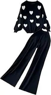 [Generic] Women's Valentine Heart Pullovers And Elastic Waist Wide Leg Pants 2 Pieces Suits Female Knitted Tracksuits Lounge Sets