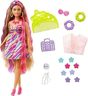 Barbie Totally Hair Flower-Themed Doll, Curvy, 8.5 inch Fantasy Hair, Dress, 15 Hair & Fashion Play Accessories (8 with Colour Change Feature) for Kids 3 Years Old & Up