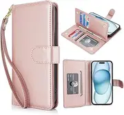 Procarcasa for iPhone 14 Plus Wallet Case,for iPhone 14 Plus Case [7 Card Holders][Wrist Strap] PU Leather Wallet Shockproof Stand Kickstand Magnetic Clourse Phone Cover-Rose Gold