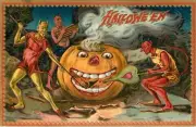 Giant Halloween Pumpkin & Three Devils Wall Decal or Print, Raphael Tuck Vintage
