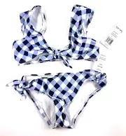 Splendid Girl’s Tie Front Bikini Top And Hipster Bottom Size 8 Blue Plaid, Set