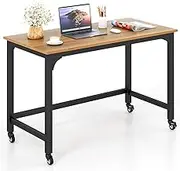 Giantex Rolling Computer Desk 120 x 60cm, Mobile Writing Study Desk w/ 4 Universal Lockable Casters & Wooden Top & Metal Frame, Rustic Computer Workstation Home Office, 100KG Weight Capacity, Natural