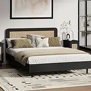 Oikiture Double Bed Frame with Rattan Headboard Plywood Slats Bed Base Black