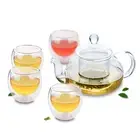 Tea Set - Heat Resistant Glass Flower Teapot +4x Double Wall Tea Cups