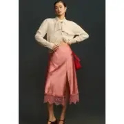 By Anthropologie Bias-Cut Lace-Trim Satin Slip Midi Skirt Rose Pink L NWT $118