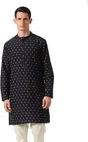 [In-Sattva] Men's Mandarin Collar Micro Dobby Fine Print Mid-Length Kurta Tunic