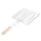 Silver Barbecue Iron Grilling Fish Clip BBQ Grill Basket Net Wood Handle Holder