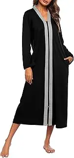 [Ekouaer] Women House Coat Zipper Front Robe Long Sleeves Sleepwear Full Length Nightgown with Two Pockets