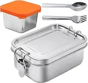 GTILE 1 Pcs 550ml Stainless Steel Bento Box with 1 Spoons and 1 Forks and 1 Pcs Dip Cups with Lids, Food Containers with Lids for Work, Office, Travel (Silver)