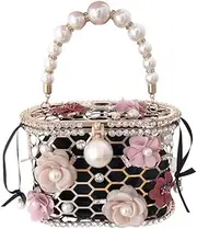 [Generic] Amafhha Luxury Evening Clutch Bag, Pearl Handle, Floral Crystal Cage Design, Rose Gold Original- Money Back Guarantee, Multicolour