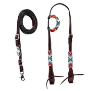 western Leather Equestrian Tooled Beaded Headstall,Breast Collar & Reins. (H073)