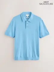 Light Blue Regular Fit Cotton/Cashmere Blend Signature Short Sleeve Knit Polo Shirt (AU9050) | $100