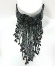 Boho Beaded Elastic Tassel Choker Waterfall Necklace Iridescent Purple Handmade