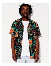 [Kenji] Desert Garden Print Short Sleeve Rayon Shirt in Green