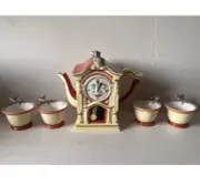 Dept 56 Storybook "Hickory Dickory Dock" Handpainted Ceramic Teapot & 4 Tea Cups