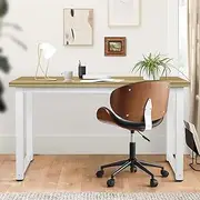 OIKITURE 120CM Computer Desk Home Office Desk, Standing Desk with Steel Legs, Ergonomic Desk Gaming Table with Thick Tabletop, Workstation for Home Office, White & Wood
