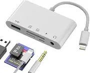 Lightning to USB Adapter SD Card Reader(5 in 1)3.5mm Headphone Jack Splitter Micro SD TF Memory for IPhone 14 13 Pro External Flash Drive Transfer for Apple Charging Cable Converter for IPad Computer