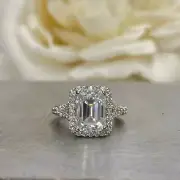 2.75 Ct Emerald Cut Halo Natural Moissanite Engagement Ring 925 Sterling Silver