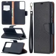 For Samsung Galaxy S21 Ultra Case Lychee Texture Folio PU Leather Wallet Cover, Kickstand, Lanyard, Black