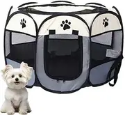 TOMVAES Dog Playpen, Oxford Fabric Dog Fence Octagon Dog Crate PVC Pipe Frame Breathable Mesh Double Openings Removable Zipper Top and Bottom,Grey
