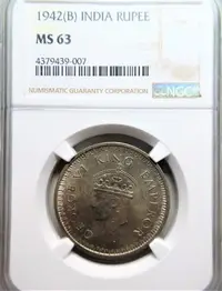 在飛比找Yahoo!奇摩拍賣優惠-1942 NGC MS63 英屬印度 1盧比銀幣(同西藏四川