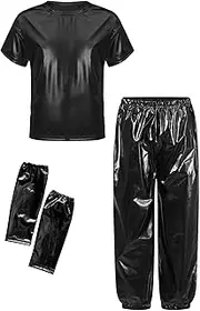 [Hedmy] Kids Jazz Hip-Hop Dance Outfits for Boys Girls Metallic Shiny Dance T-Shirt with Pants and Arm Sleeves