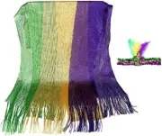 SET OF 2! Mardi Gras Long Scarf AND Fleur De Lis sequin Headband Purple Green Go