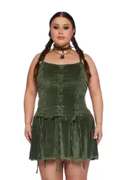 [Current Mood] Plus Little Miss Attitude Mini Dress - Green Corduroy