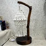 Handcrafted Antique CedarWood (Cedrus) Table Lamp with Macrame Lampshade