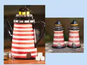 Blue Sky Clayworks Red Striped Beacon Lighthouse Teapot & Salt Pepper Set NEW