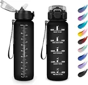 Sports Water Bottle, 1 Litre, Sports Water Bottle with Straw, Leak-Proof Drinking Bottle, Suitable for Carbonated Drinks, Motivational Water Bottle with Time Marking, Sports Bottle for Yoga, School