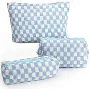 3 Pcs Makeup Bag Cosmetic Bag Set for Girls Women Checkered Travel Organizer Bathroom Toiletry Pouch Large Capacity Storage Bag (Blue)