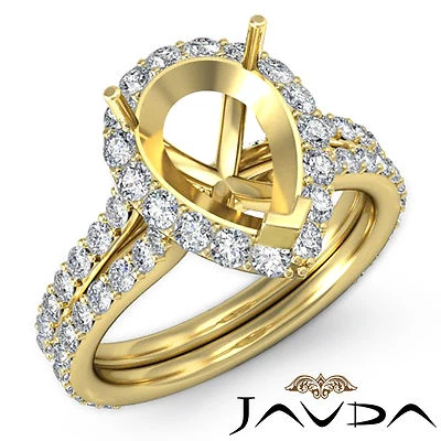 Halo Set Pear Shape Semi Mount Diamond Engagement Ring 14k Yellow Gold 1.3 Ctw