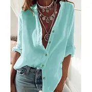Women's Cotton Linen Shirts Tunic Button Up Long Cotton Top Plain Daily Basic Casual Long Sleeve Standing Collar Long Tops Work Casual Daily Black White Red Bl
