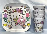 Hello Kitty Easter Egg & Flowers Plastic Melamine Set Of 4 Plates & 4 Cups