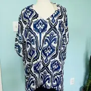 Chico’s L/XL IKAT Print 100% Linen Poncho Boxy Top Blue White Lagenlook NWT 0777