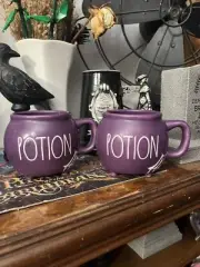 New RAE DUNN Halloween POTION Witch Cauldron Purple Mugs W/Spider Web Set Of 2