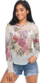 [RPLIFE] Vintage Watercolor Roses Mesh Top Long Sleeve, Printed Mesh Top S-XXL