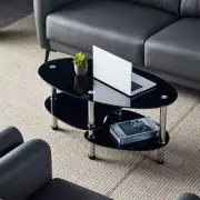 Oval-Shaped Glass Tea Table for Office, 3-Tier Modern Coffee Table, End Black