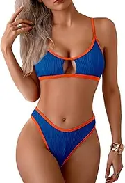 [Limeeke] Women Ribbed Bikini Sets Sexy Cutout Color Block Two Piece Swimsuits Scoop Neck High Cut Cheeky Bathing Suit