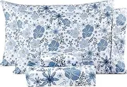 Mooreeke Floral Queen Sheets, Soft Breathable Microfiber Vintage Printed Bed Sheet Set, Deep Pocket Non-Slip Fitted Sheet Included, Blue Flower Pattern