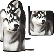3 pcs Oven Mitts and Pot Holders Set 500°F Heat Resistant Oven Gloves and Hot Pads Kitchen Mittens Cute Husky Dog Cooking Gloves Potholders for Baking Grilling