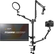 [TARION] 4-in-1 Overhead Camera Desk Mount Stand for Streaming: Adjustable With Mic Boom + 3 Articulating Arms for Ring Light Monitor/Laptop Desktop Live Stream Stand TitanRig