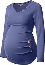 [GINKANA] Maternity Shirt Long Sleeve Basic Top Ruch Sides Buttons Tshirt for Pregnant
