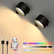LED Wall Lights 2 Pcs with Remote, Sensor Puck Lamp 3000mAh Rechargeable Battery Operated, Tri-Color Dimmable Magnetic 360° Rotation Cordless Light for Bedroom