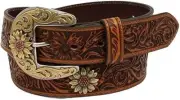 ARIAT Women's Floral Tooled Sunflower Concho Belt - Brown, Size Small