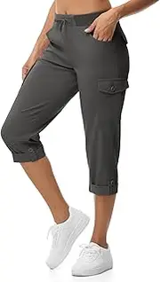 [BGOWATU] Women's Capris Lightweight Cargo Hiking Pants with 6 Pockets Quick Dry Summer Outdoor Casual Travel Roll Up Pants, Dark Grey, Medium