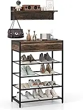 Giantex Coat Rack Shoe Stand Set, 5-Tier Shoe Rack with Wall-Mounted Coat Rack, Shoe Storage Organizer with Hooks, Drawers & Shelves, Entryway Furniture for Bedroom & Kitchen