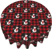 Round Tablecloth 60 Inch, Red Black Buffalo Plaid Christmas Snowman